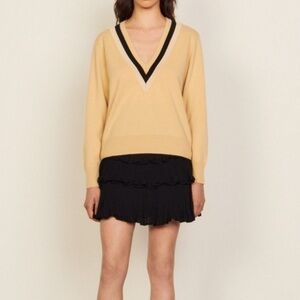 Sandro V-Neck Sweater in Cream and Black